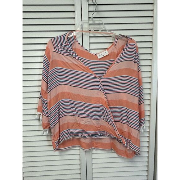 Lavender Field Tassle Stripe Pink Blue Wrap Blouse, Sz Large + - Picture 7 of 7
